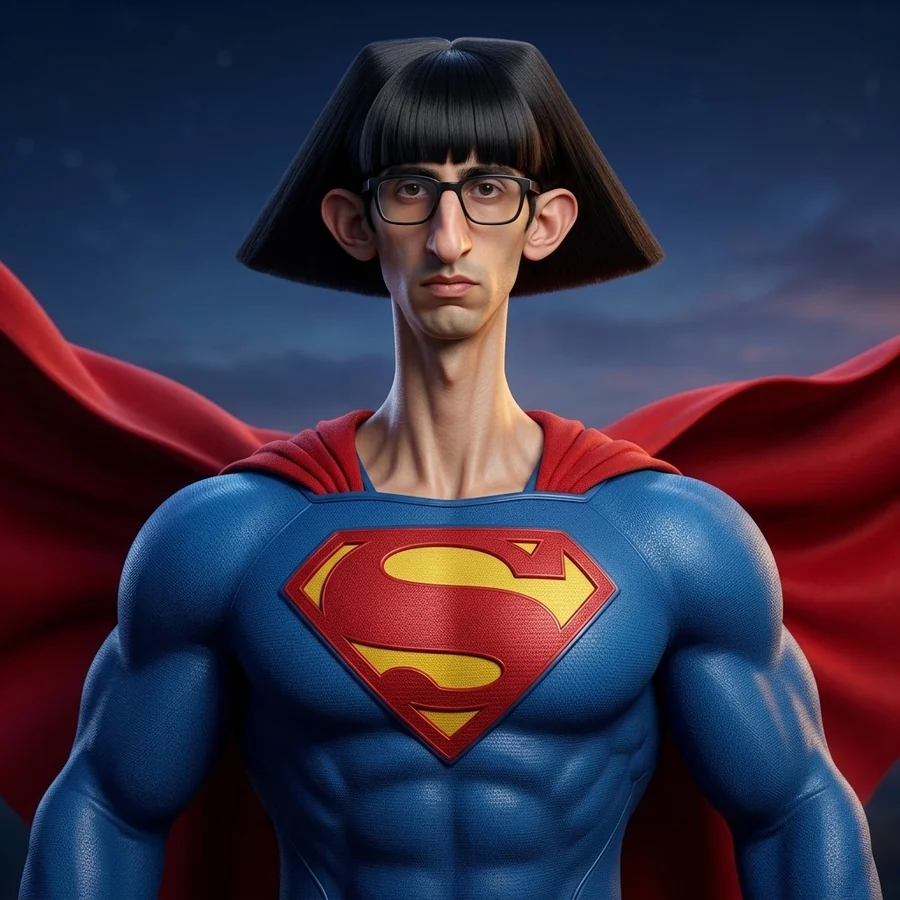 Super Frank: a thin man with a wide black bowl haircut and glasses, on a very muscular body in a blue super suit and red cape